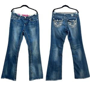 Y2K Vintage Rock Star contrast stitching embroidered low rise flare jeans, 12